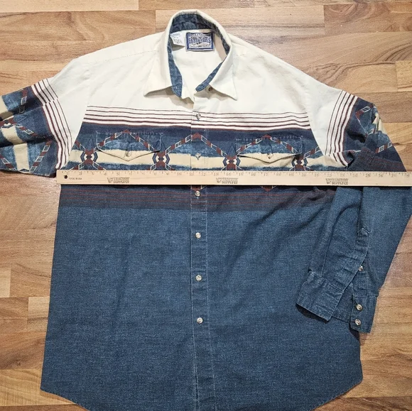 Western Essentials by Karman Shirt XL Vintage Aztec Chambray Denim Button-Up - Picture 5 of 9